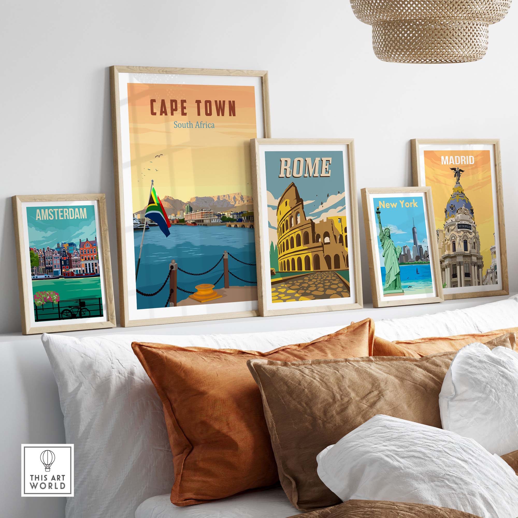 Cape Town Travel Poster Print displayed with framed vintage art prints of Rome, Amsterdam, New York, and Madrid on a stylish wall.