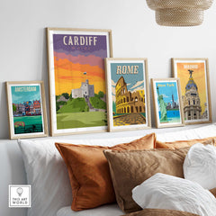Stylish Cardiff Poster Wales Print among framed vintage travel posters for home decor.