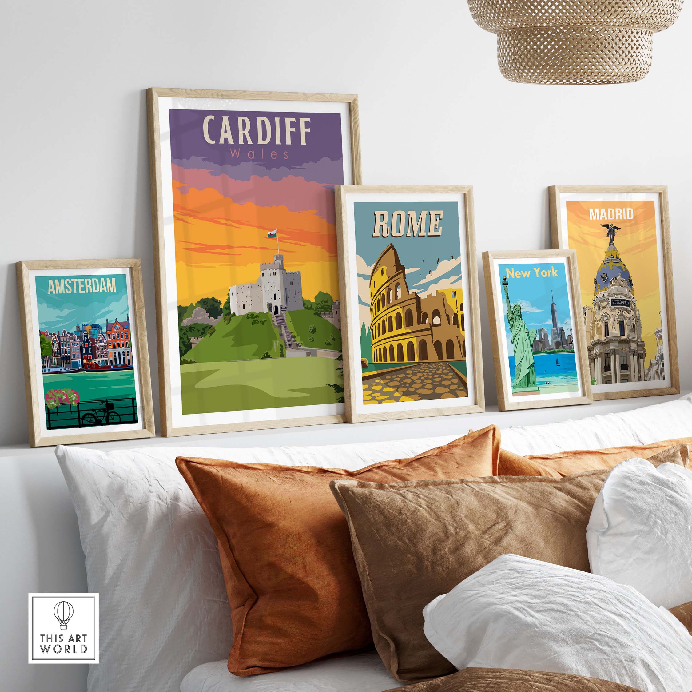 Stylish Cardiff Poster Wales Print among framed vintage travel posters for home decor.