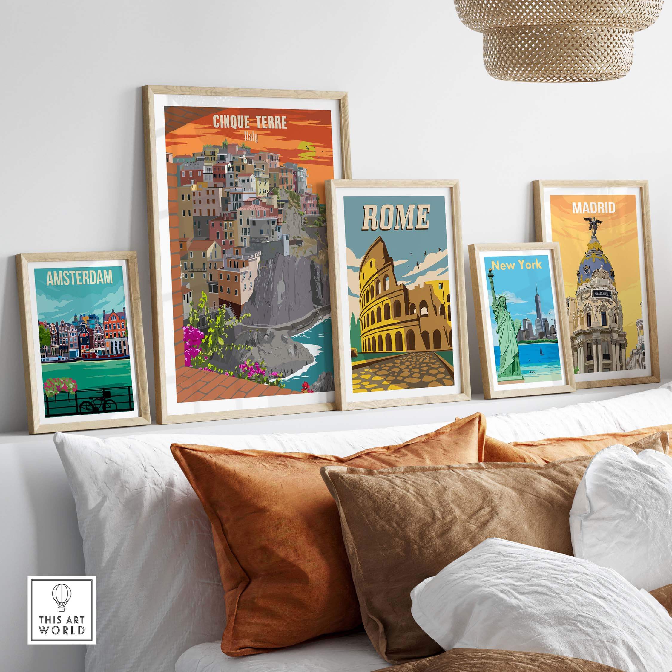 Cinque Terre Italy poster print alongside travel art from Amsterdam, Rome, and Madrid in stylish framed display.