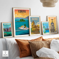 Framed travel posters showcasing Corfu, Rome, Madrid, Amsterdam, and New York in a stylish home setting.