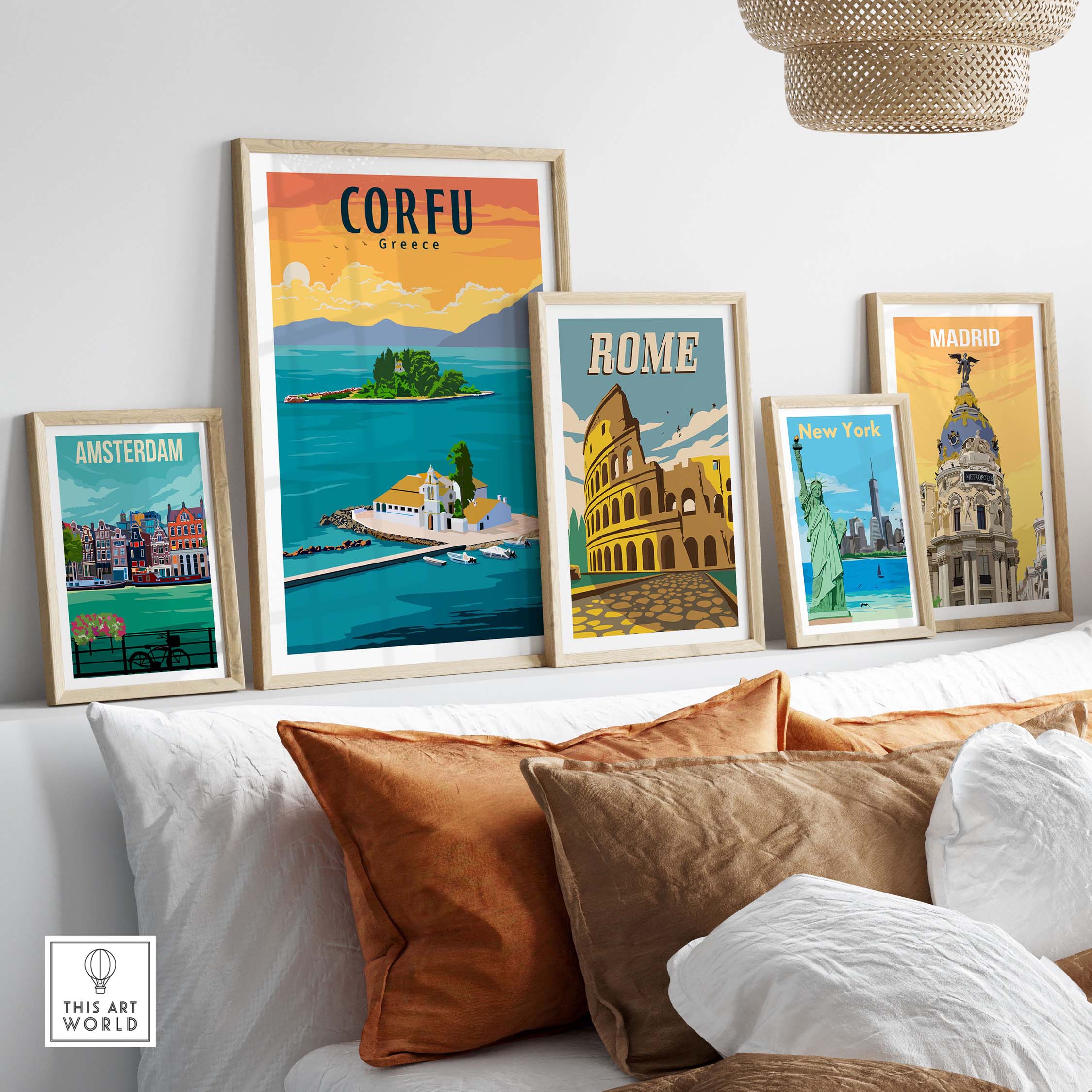 Framed travel posters showcasing Corfu, Rome, Madrid, Amsterdam, and New York in a stylish home setting.