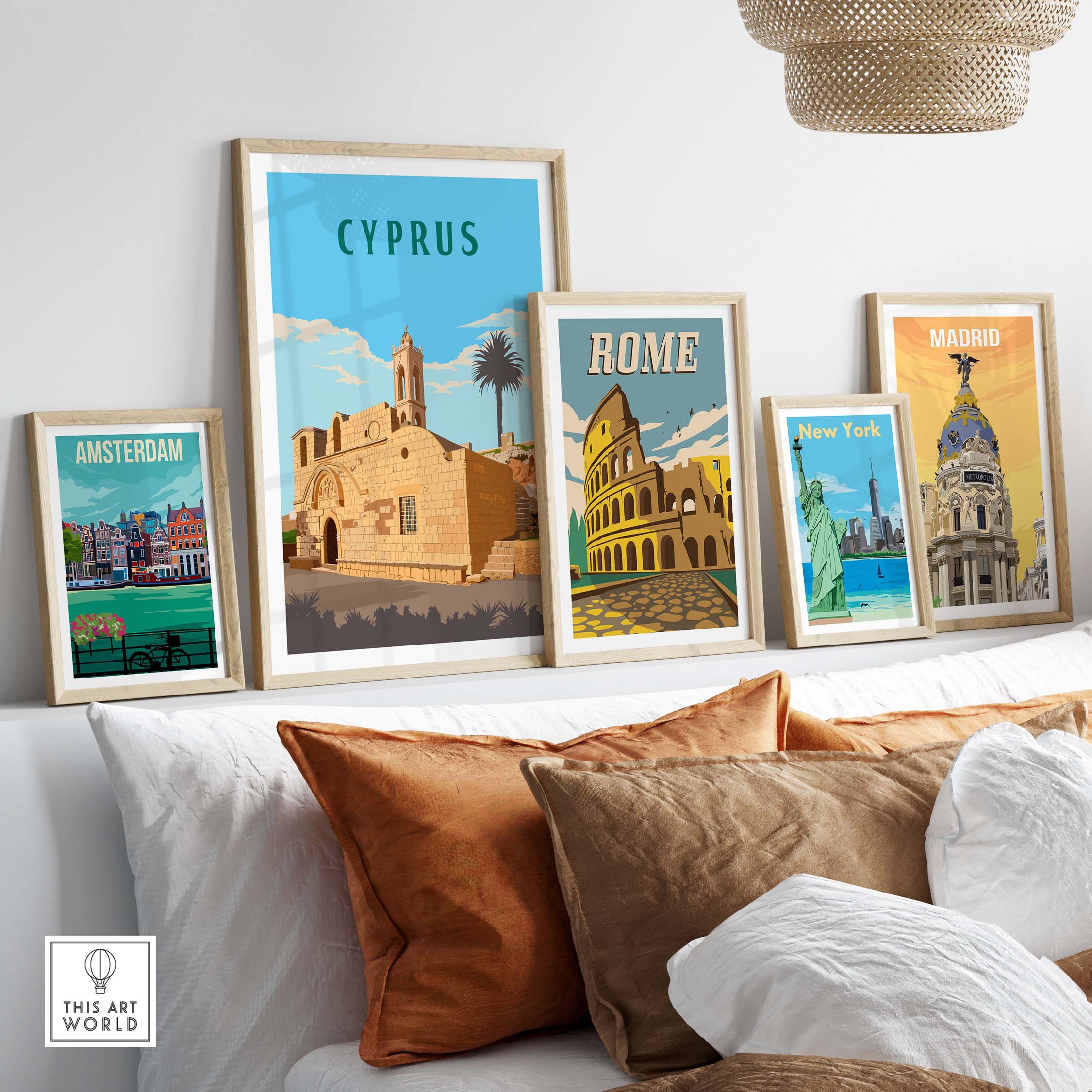 Framed vintage travel posters featuring Cyprus, Rome, Madrid, New York, and Amsterdam in a stylish living room setting.