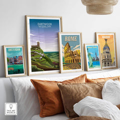 Dartmoor National Park poster with framed travel prints of Amsterdam, Rome, and Madrid in a stylish living space.