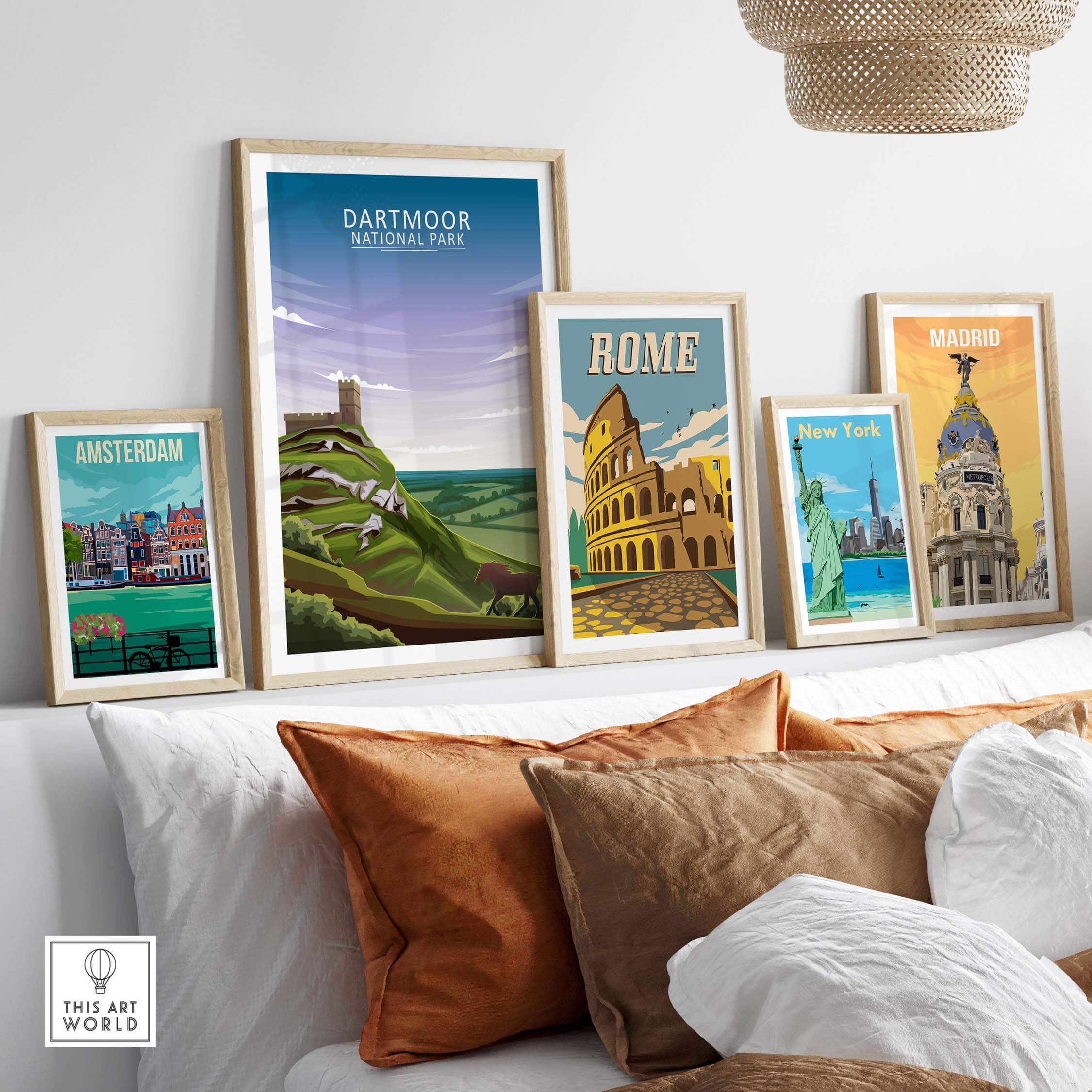 Dartmoor National Park poster with framed travel prints of Amsterdam, Rome, and Madrid in a stylish living space.