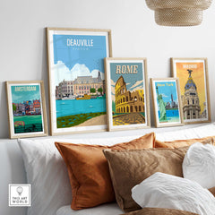 Deauville France poster print showcased with other city posters in a stylish home decor setting.