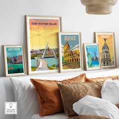 Derry Print Poster Wall Art alongside vintage travel posters of Amsterdam, Rome, and Madrid in a stylish interior setting.