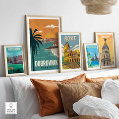 Framed Dubrovnik wall art poster alongside prints of Amsterdam, Rome, and Madrid, enhancing stylish home decor.