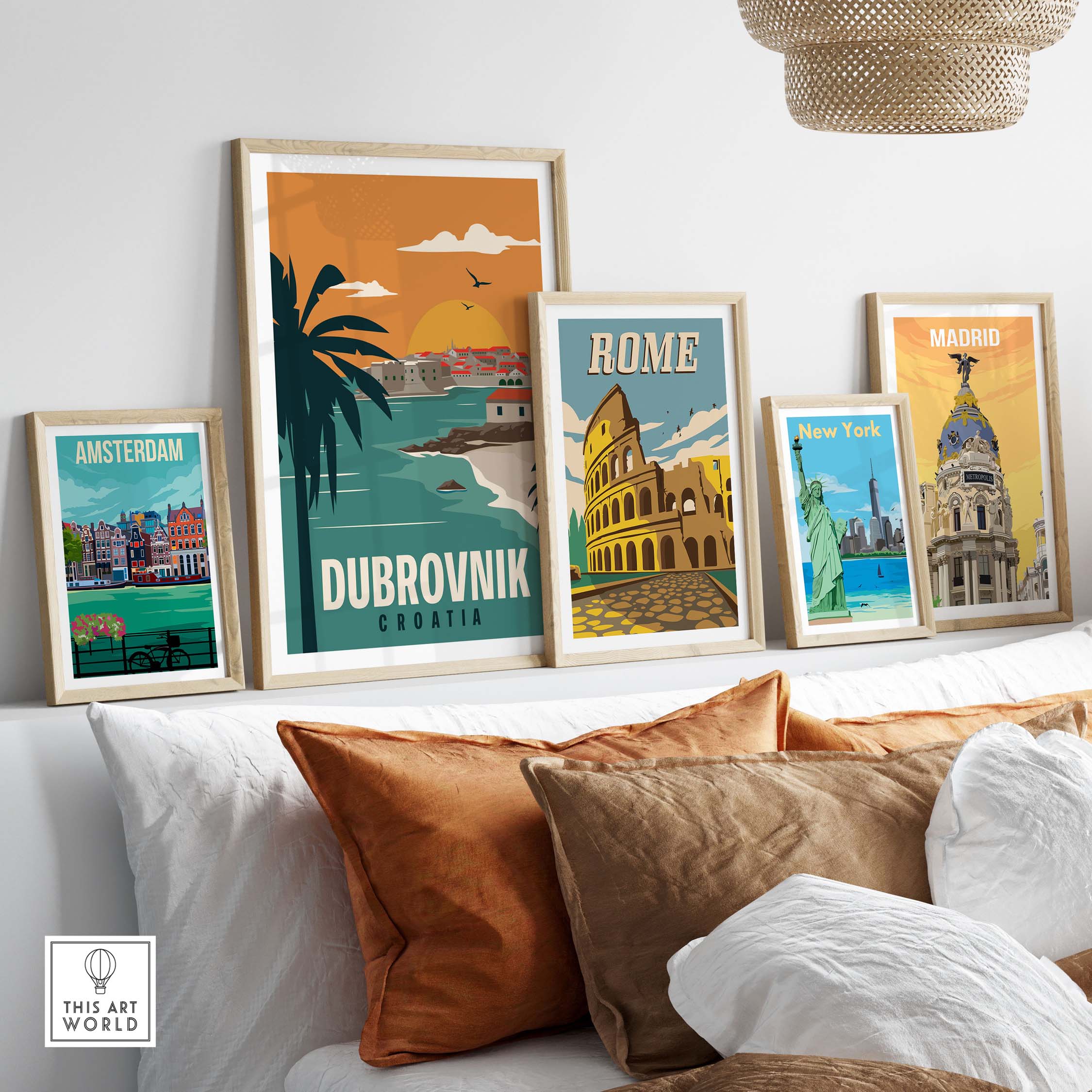 Framed Dubrovnik wall art poster alongside prints of Amsterdam, Rome, and Madrid, enhancing stylish home decor.
