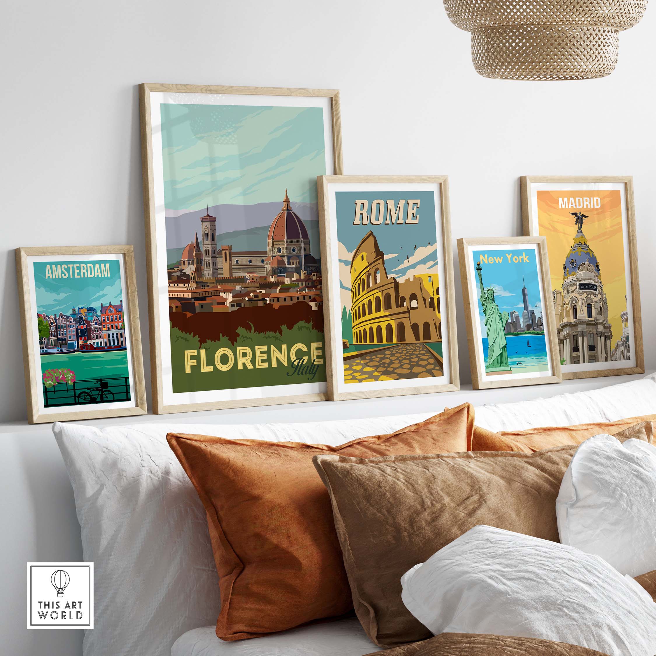 Framed vintage travel posters showcasing Florence, Rome, and other cities, enhancing home decor.