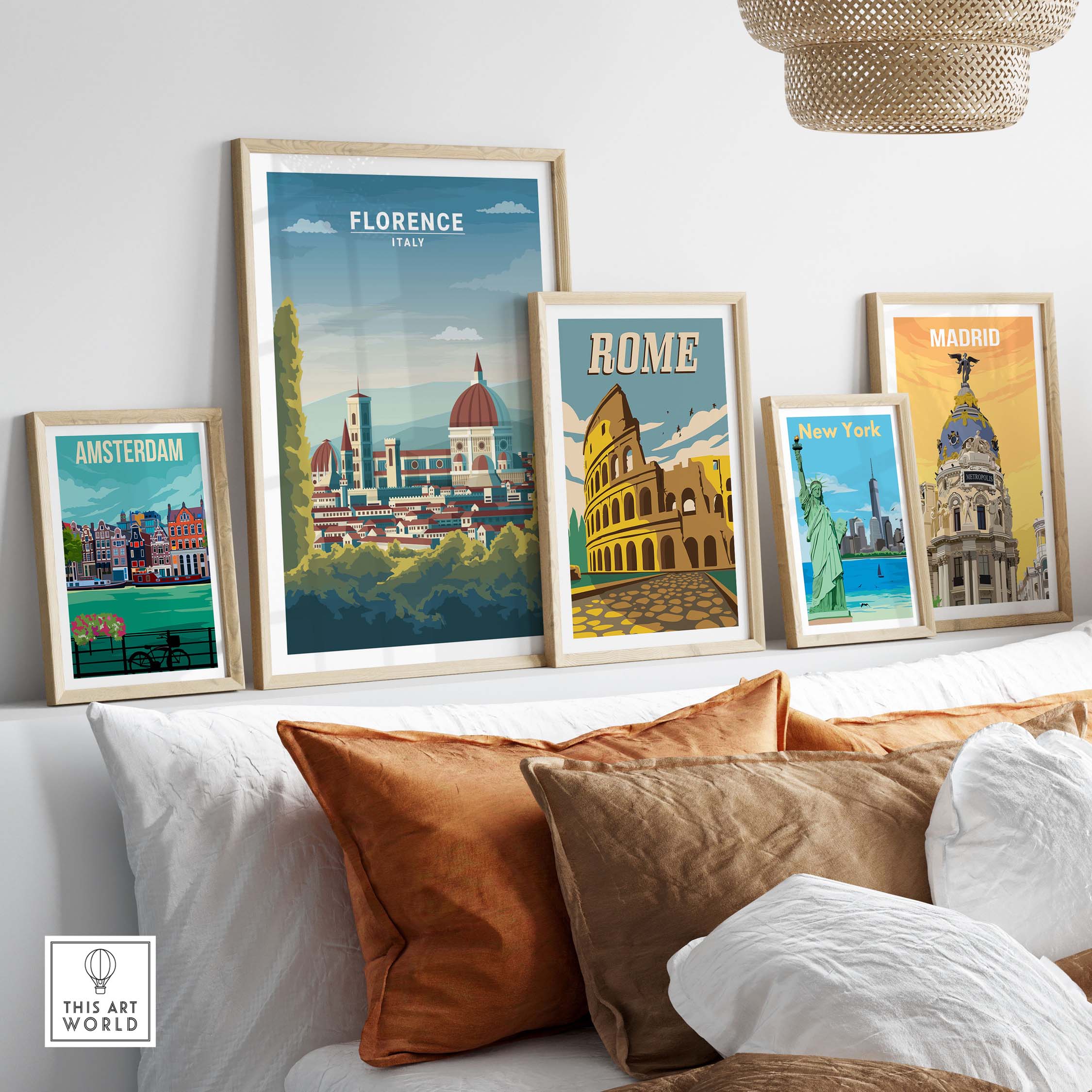 Framed Florence Wall Art Print alongside travel posters of Amsterdam, Rome, New York, and Madrid in a stylish living room setting.