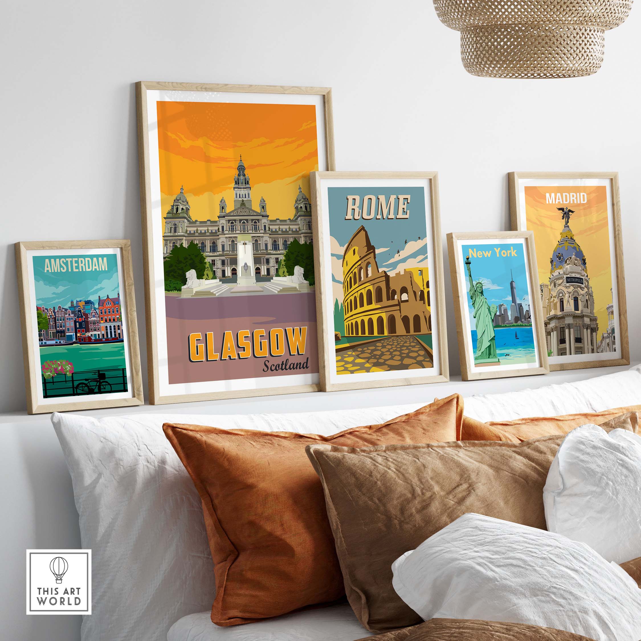 Framed Glasgow Poster Print showcasing Scotland amidst other travel posters in a modern living space.