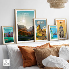 Decorative poster prints including Glencoe, Rome, New York, Amsterdam, and Madrid displayed on a wall.