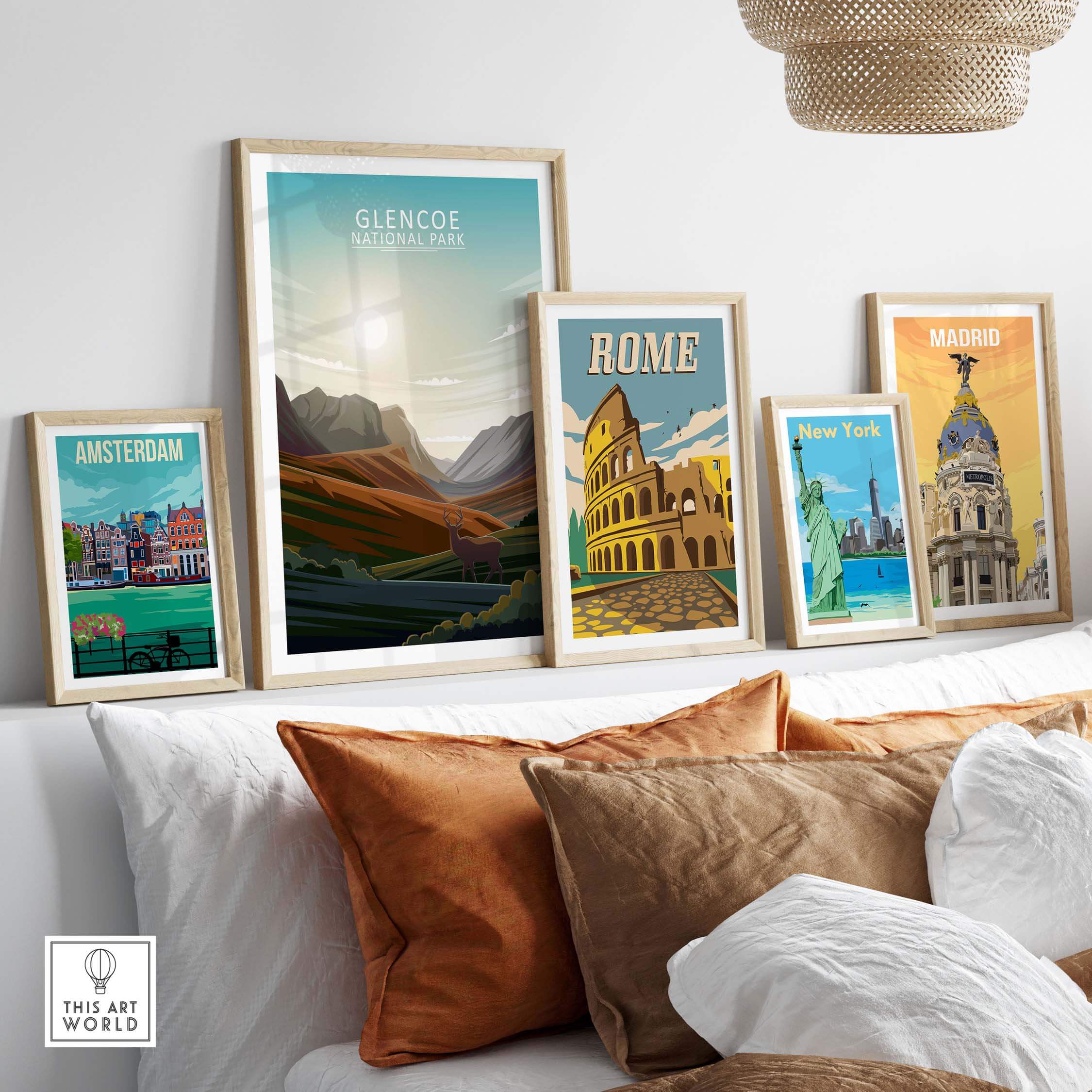Decorative poster prints including Glencoe, Rome, New York, Amsterdam, and Madrid displayed on a wall.