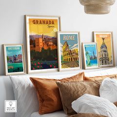 Framed travel wall art prints showcasing Granada, Rome, Amsterdam, New York, and Madrid for stylish home decor.