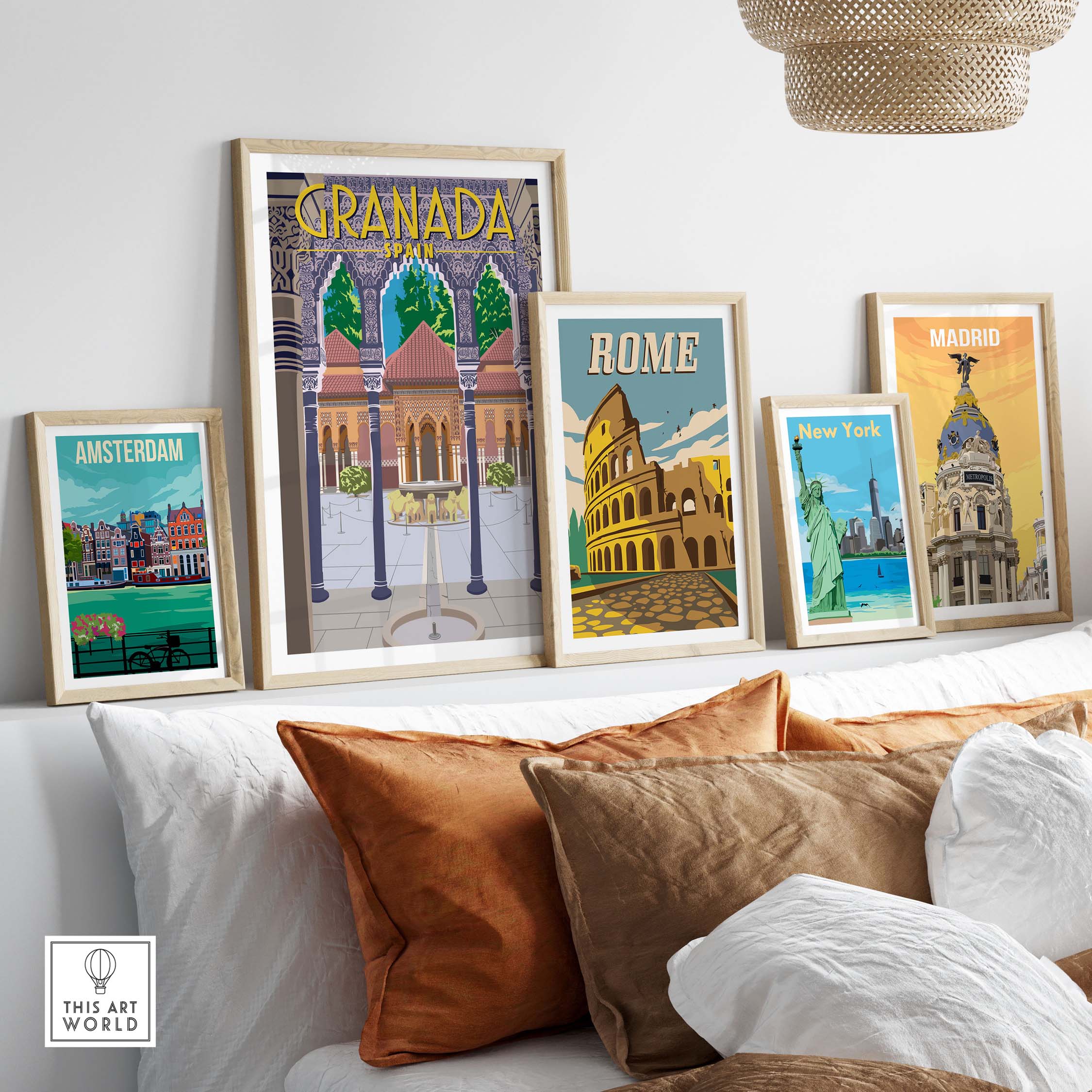 Framed travel posters of Granada, Rome, Madrid, Amsterdam, and New York showcasing vintage-inspired art.