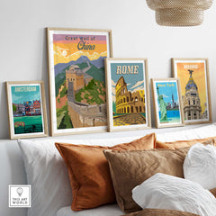 Great Wall of China Poster Print displayed among vintage travel art in a stylish home setting.
