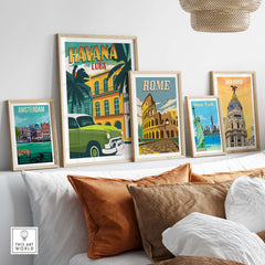 Havana Print Cuba Poster and travel-themed wall art displayed in a cozy living room setting.