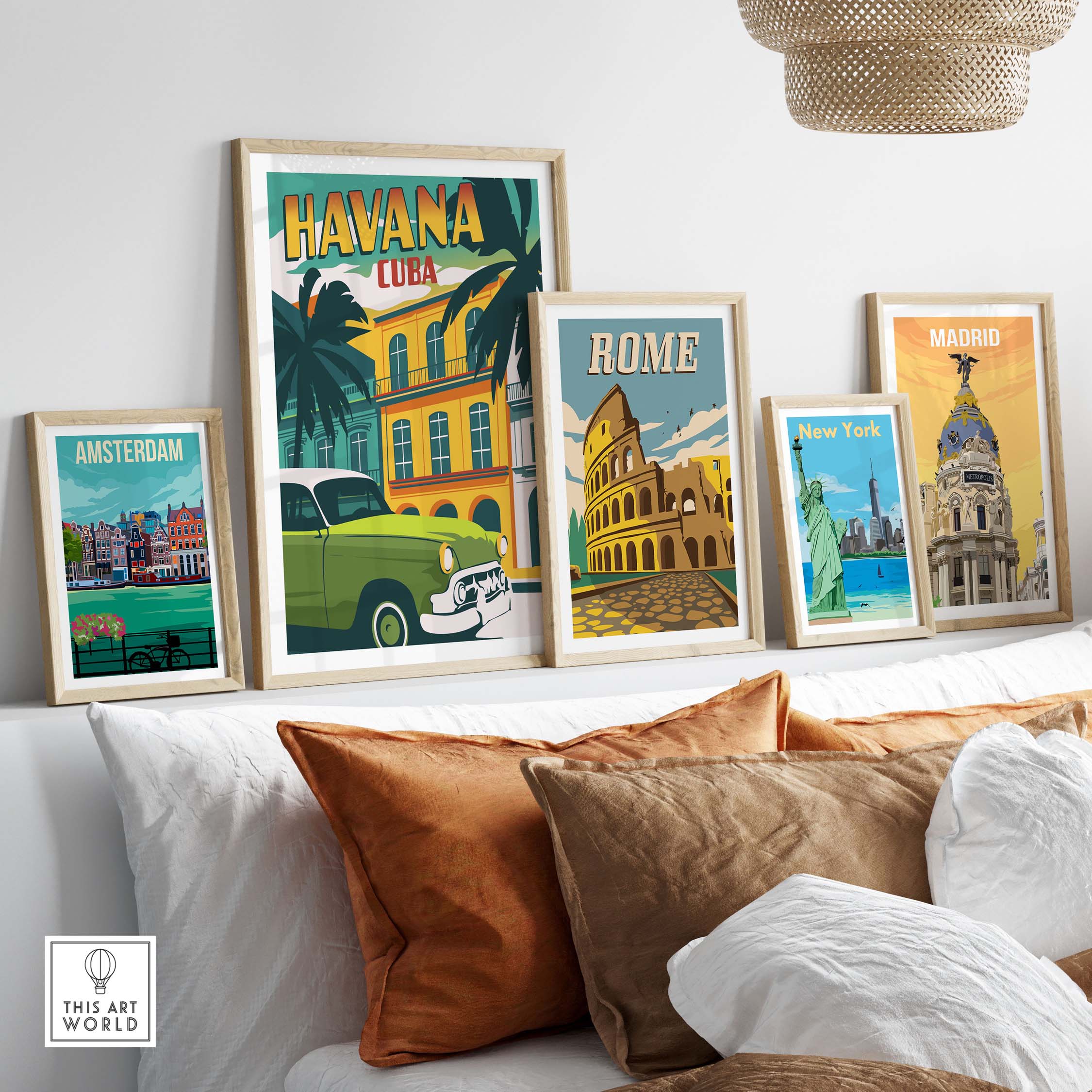 Havana Print Cuba Poster and travel-themed wall art displayed in a cozy living room setting.