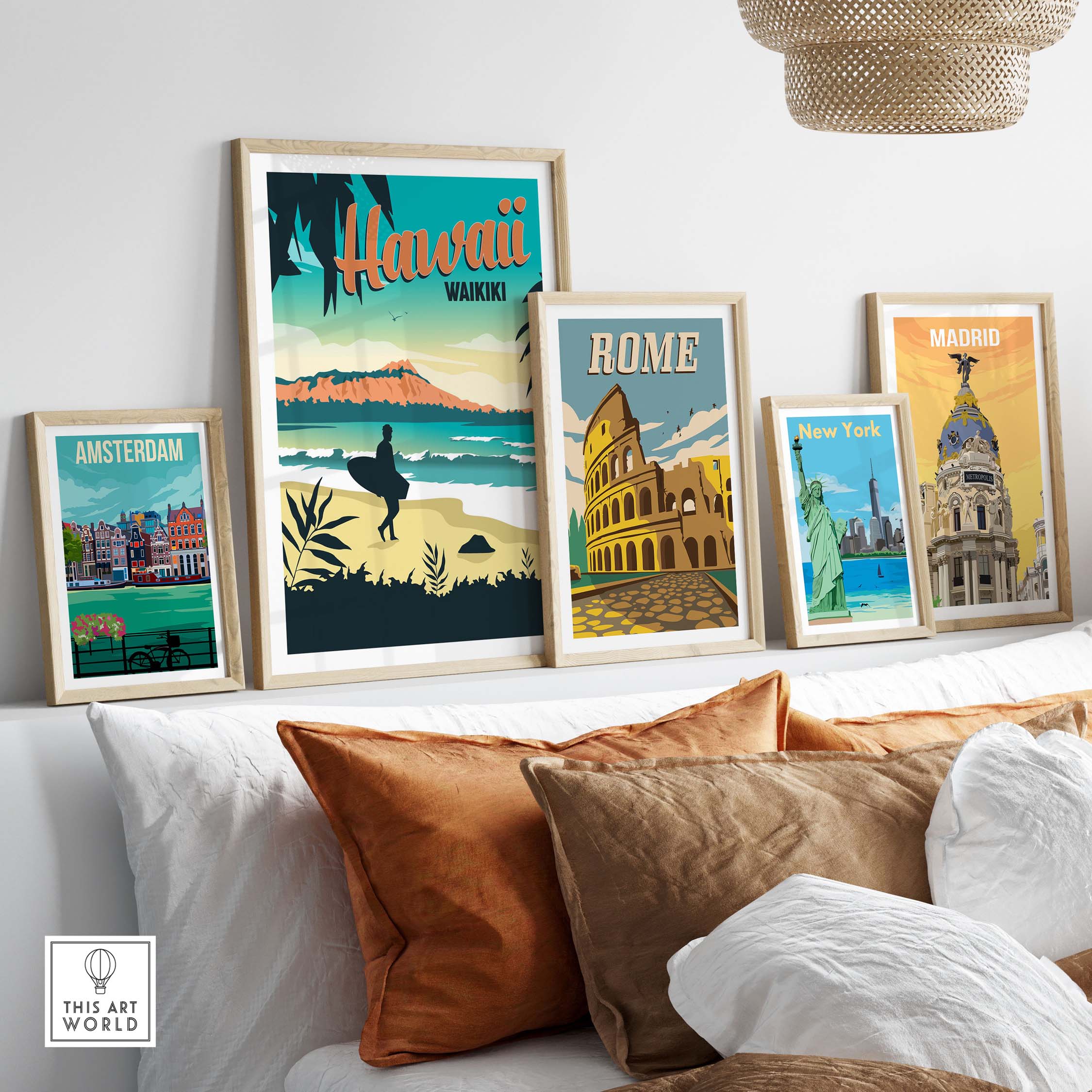 Framed travel posters including Hawaii Waikiki, Rome, New York, and Madrid displayed on a shelf.