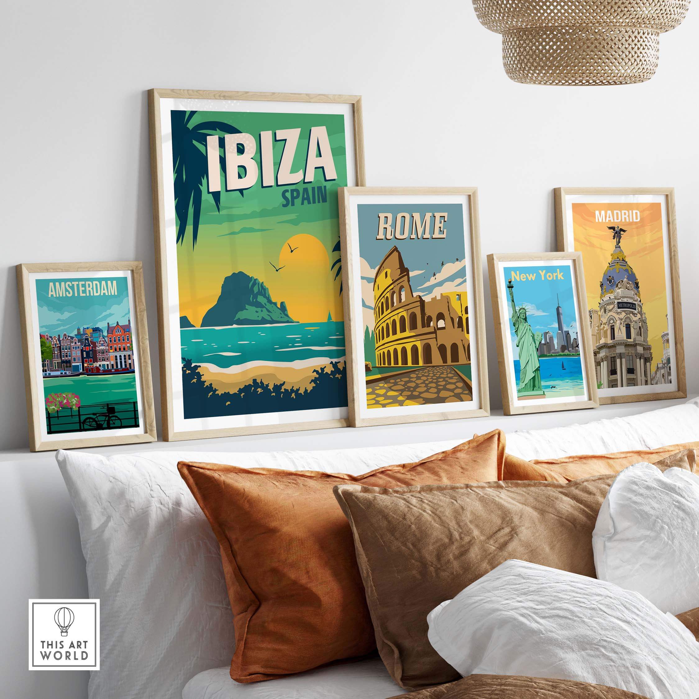 Ibiza Poster Wall Art Print with framed travel posters of Amsterdam, Rome, and Madrid, styled in a modern living space.