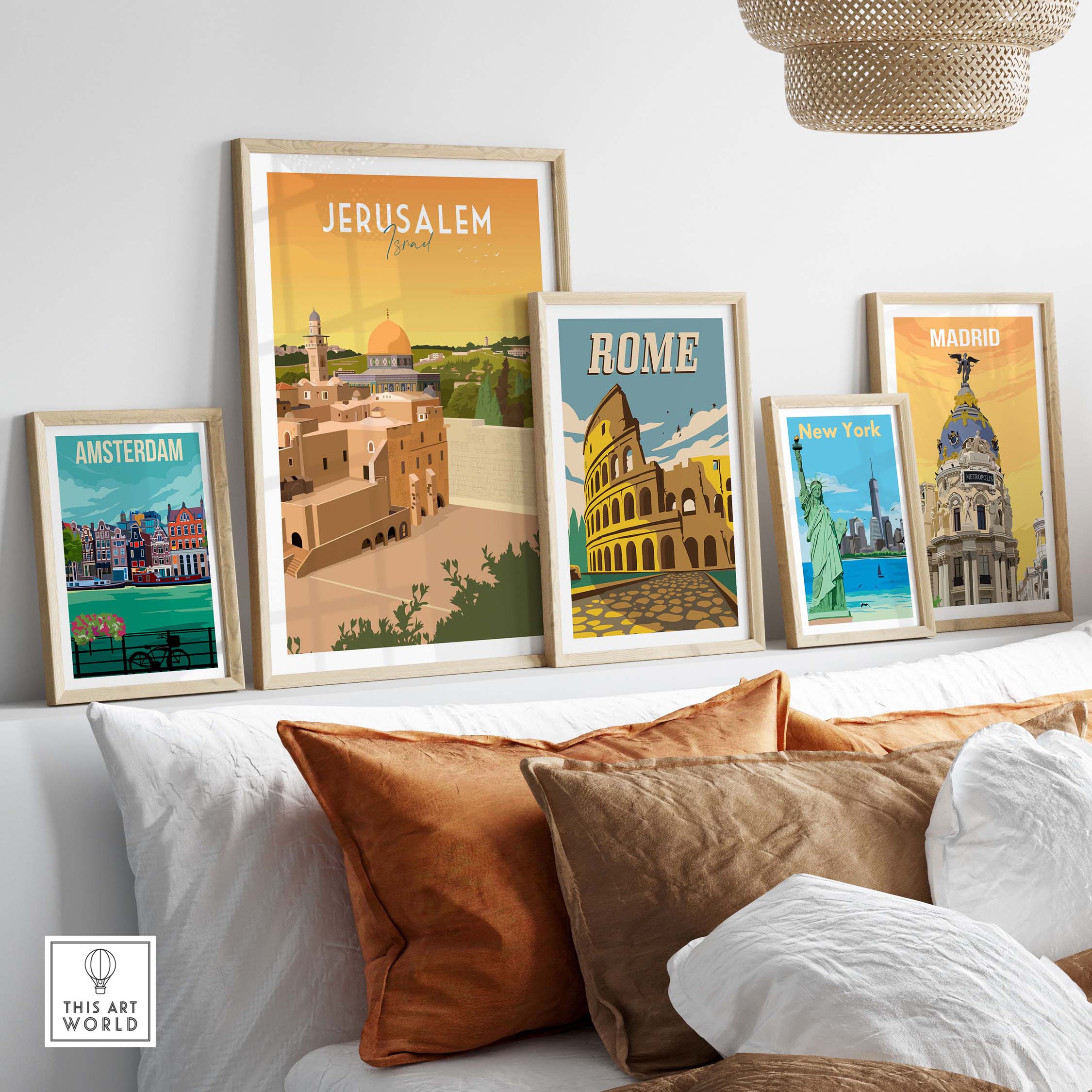 Jerusalem Print among framed travel posters of Amsterdam, Rome, and Madrid, showcasing vintage-inspired wall art.
