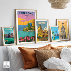 Lake Como Italy wall art framed with other city prints, showcasing a vibrant, minimalist travel theme in a stylish setting.