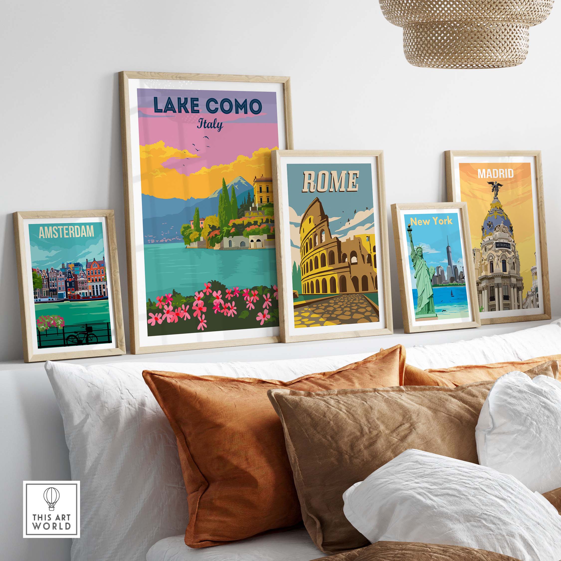 Lake Como Italy wall art framed with other city prints, showcasing a vibrant, minimalist travel theme in a stylish setting.