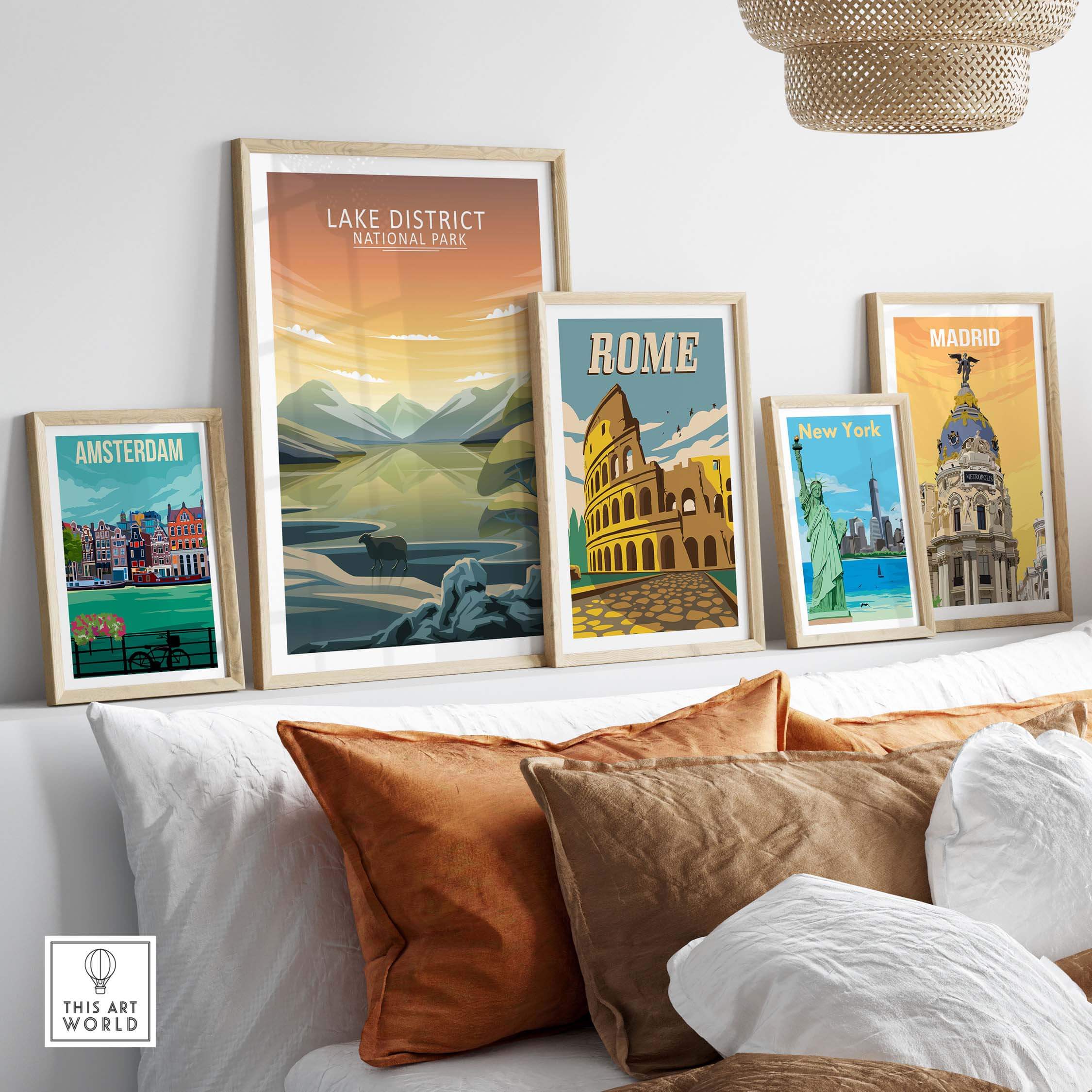 Stylish Lake District National Park poster with framed travel art, including Amsterdam, Rome, and Madrid prints.