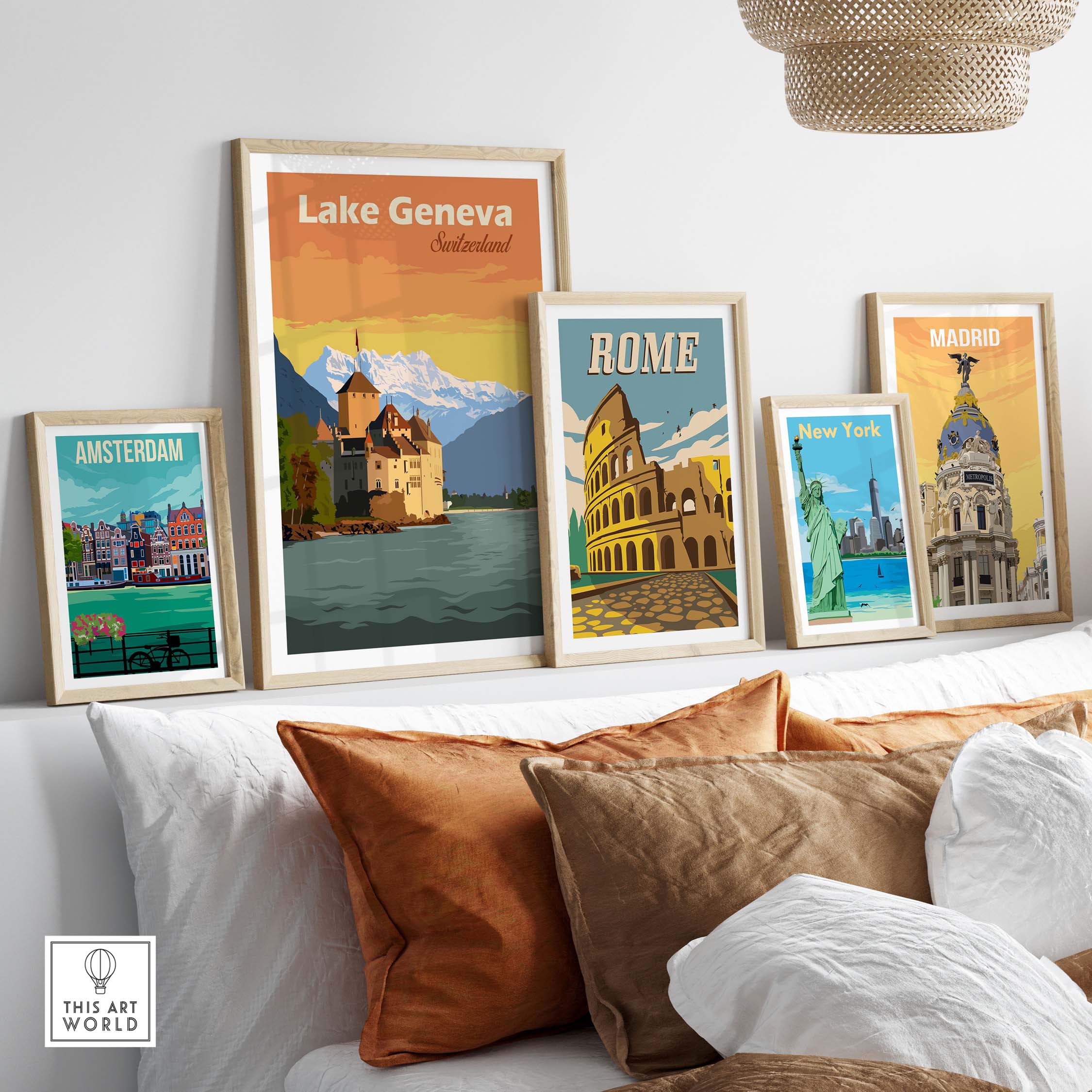 Lake Geneva Poster Switzerland Print showcased among other vintage travel posters on a cozy couch.