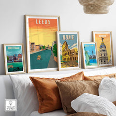 Leeds poster print among iconic city art wall decor including Amsterdam, Rome, and Madrid.