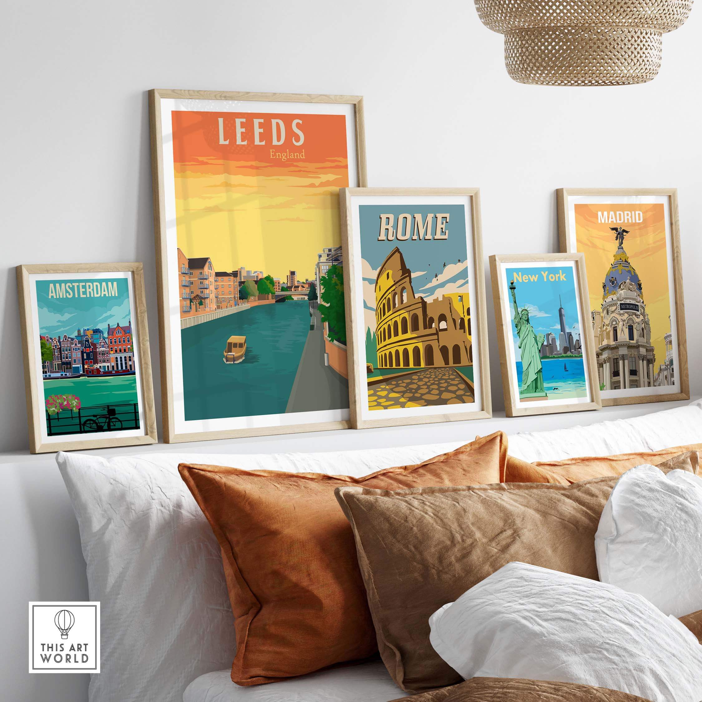 Leeds poster print among iconic city art wall decor including Amsterdam, Rome, and Madrid.