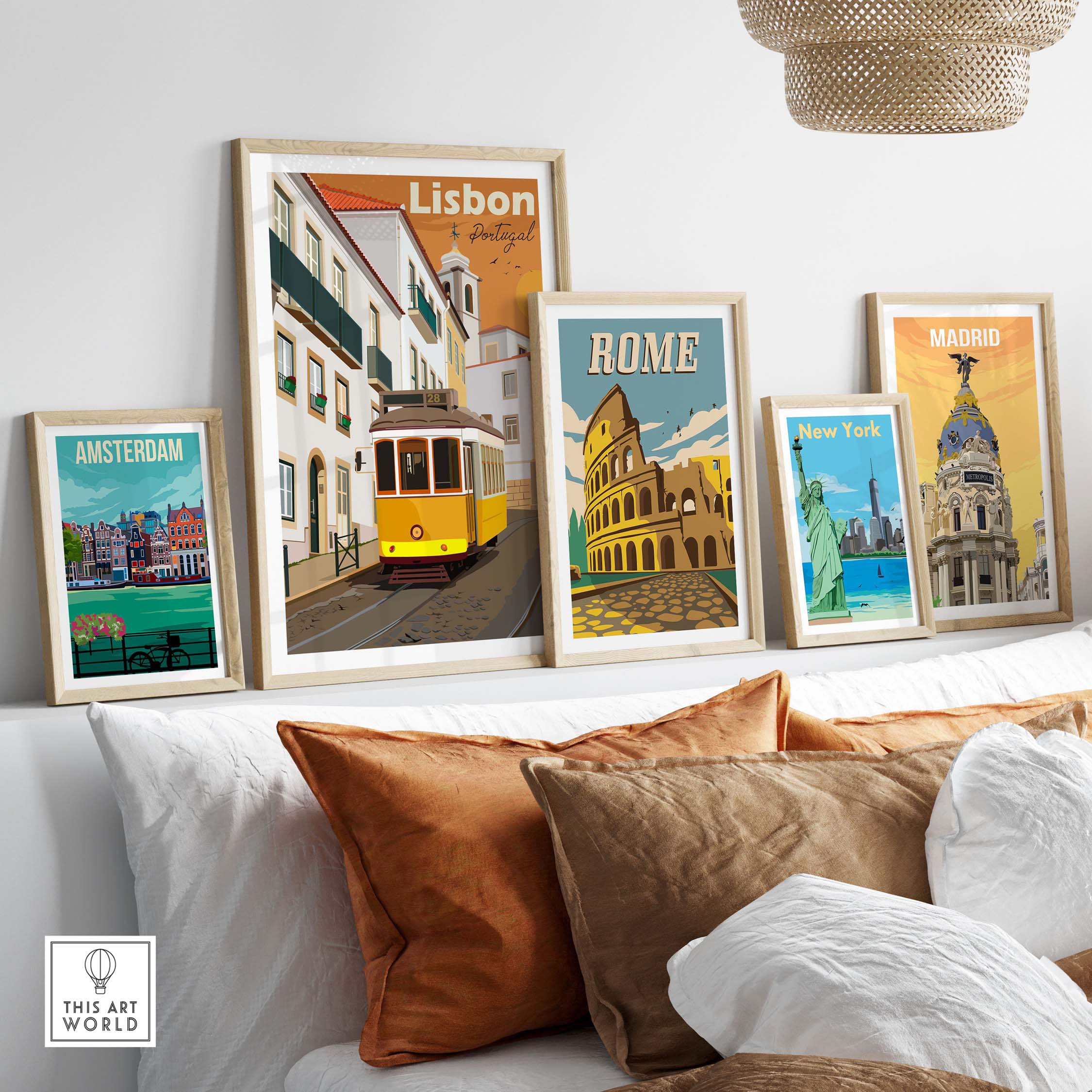 Vintage Lisbon Print Poster Wall Art displayed among other travel art prints on a stylish living room wall.