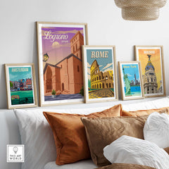 Framed vintage travel posters including Logrono Spain, Rome, and Madrid, showcasing stylish wall art for home decor.