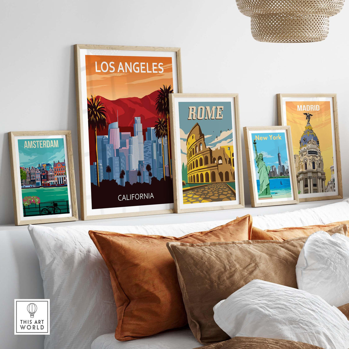 Framed Los Angeles wall art print among vintage travel posters of Amsterdam, Rome, New York, and Madrid.