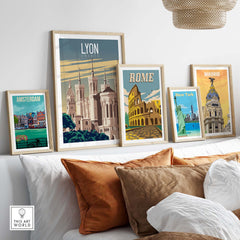 Lyon Print France Poster displayed with framed city travel art including Amsterdam, Rome, and Madrid on a stylish wall.