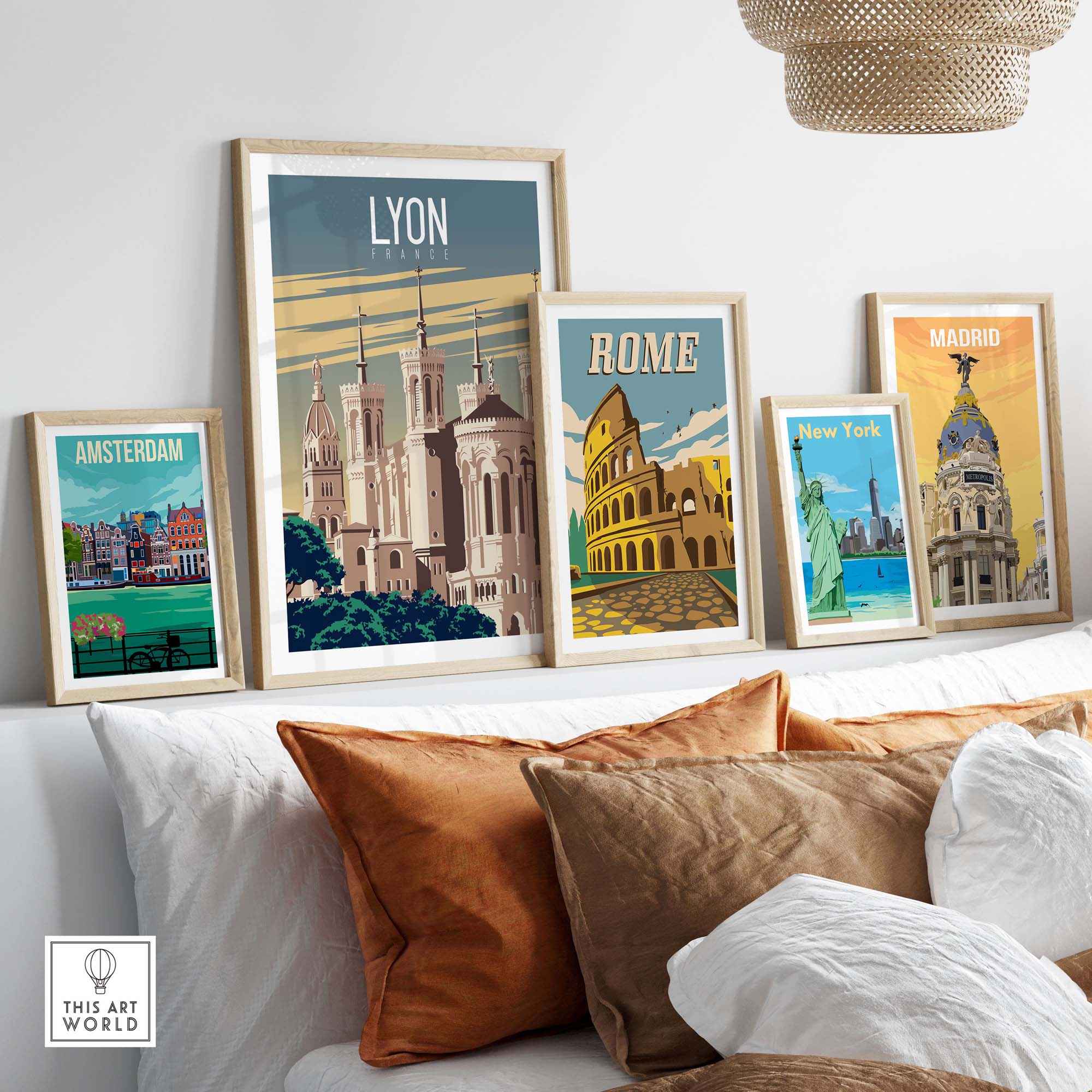 Lyon Print France Poster displayed with framed city travel art including Amsterdam, Rome, and Madrid on a stylish wall.