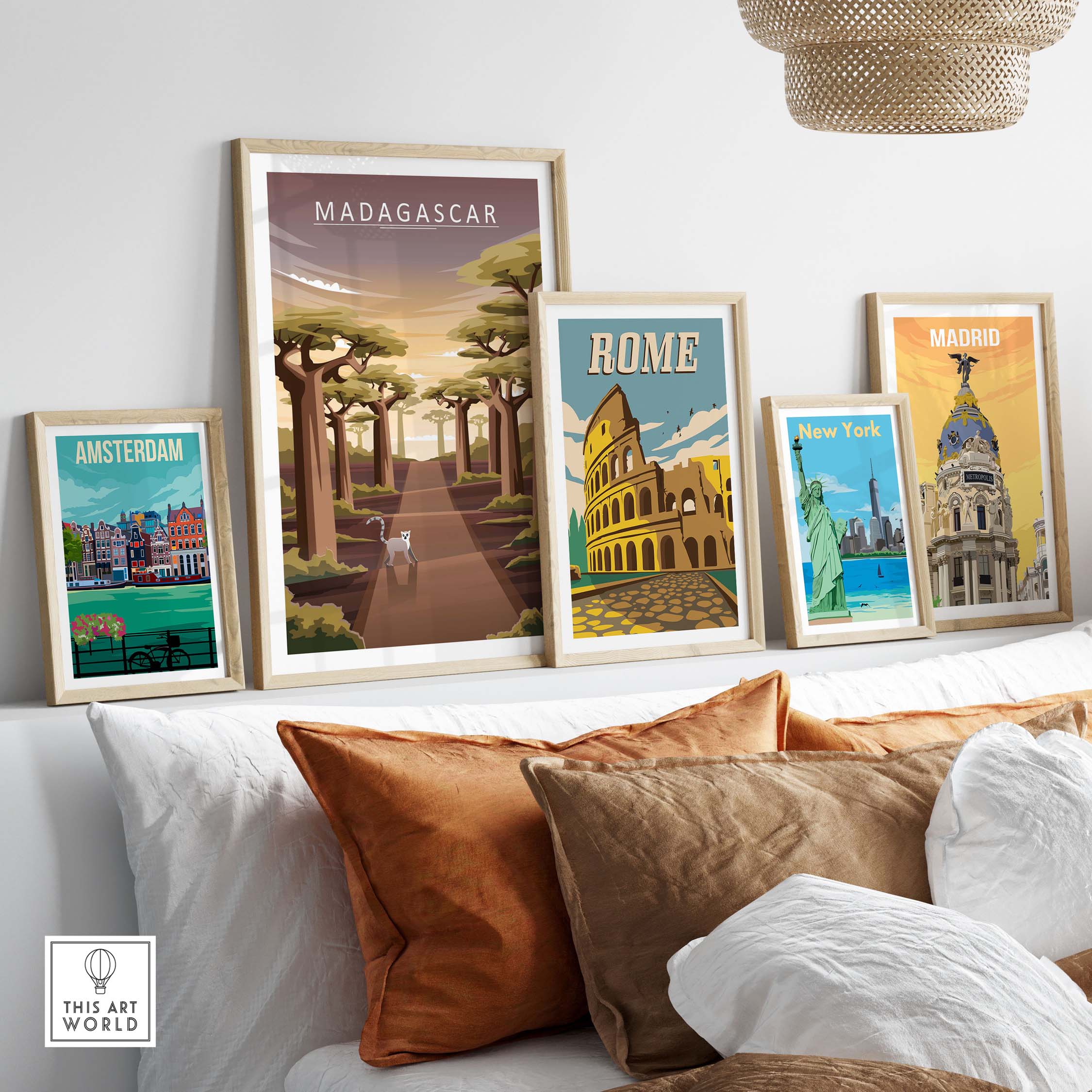 Madagascar Avenue of the Baobabs poster surrounded by vintage travel prints from Amsterdam, Rome, New York, and Madrid.