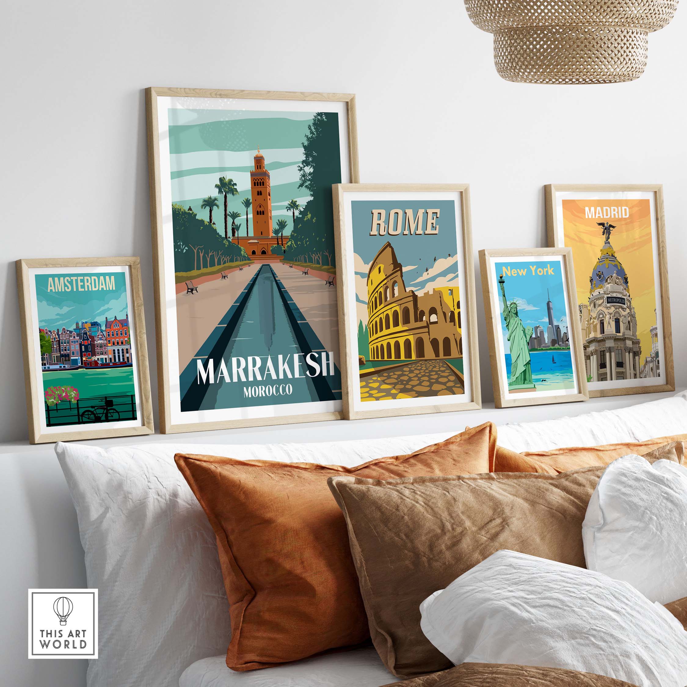 Stylish Marrakesh Print Morocco Poster among framed vintage travel posters on a stylish home decor shelf.