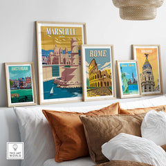 Marseille Print France framed travel art collection featuring vintage style posters of popular cities.