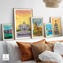 Stylish wall art collection featuring Mexico City, Rome, Amsterdam, New York, and Madrid print posters.