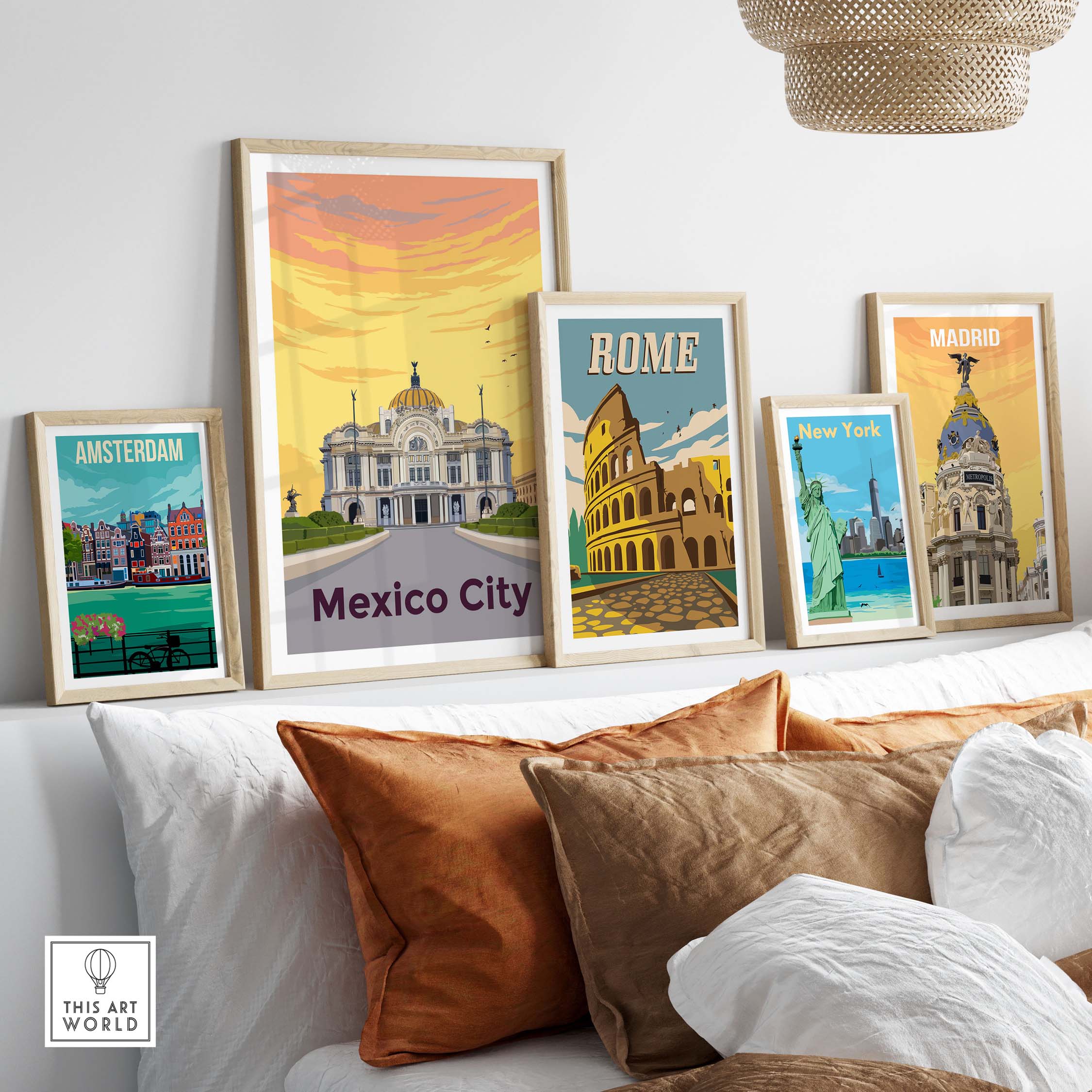Stylish wall art collection featuring Mexico City, Rome, Amsterdam, New York, and Madrid print posters.