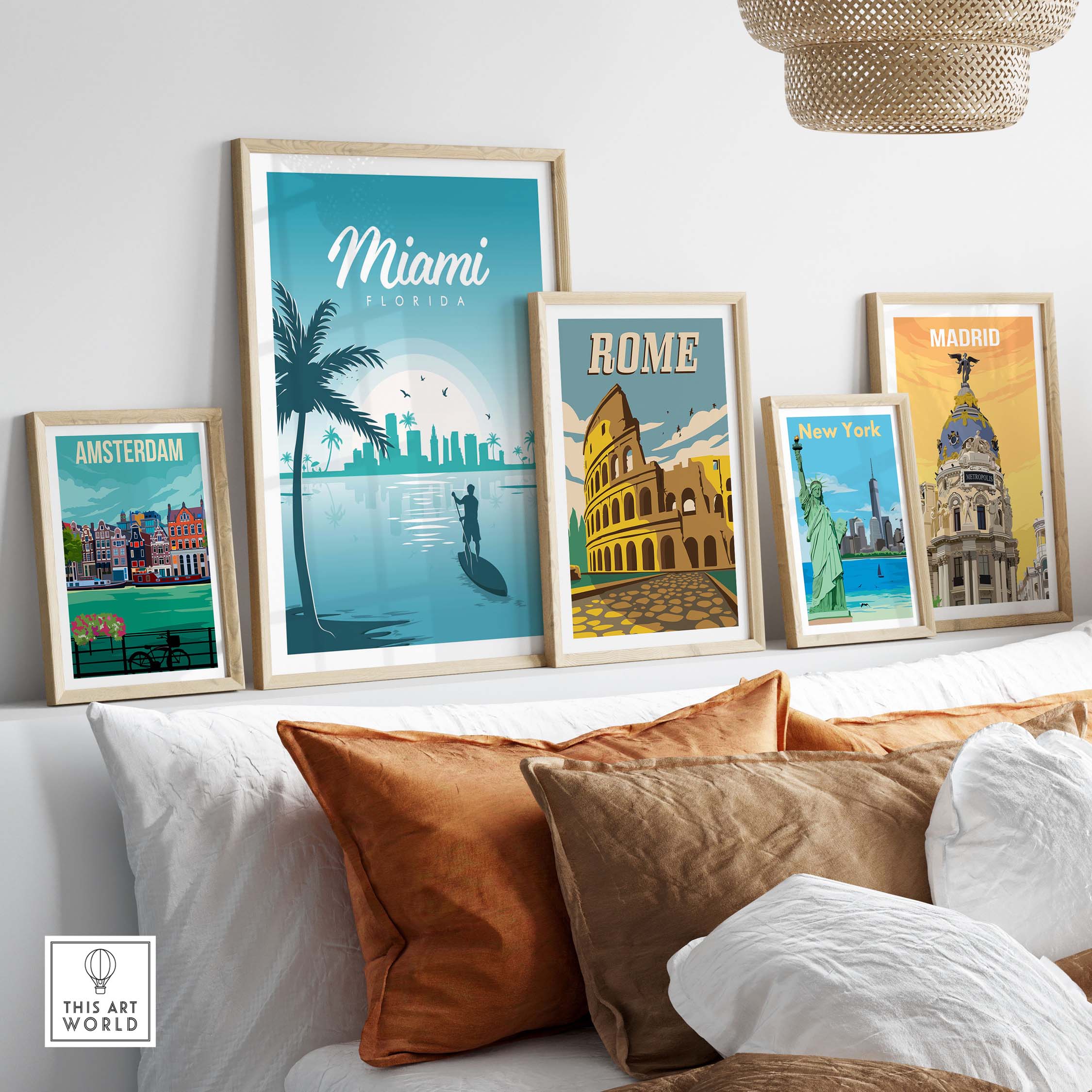 Miami Poster Wall Art Print alongside framed prints of Amsterdam, Rome, New York, and Madrid in a cozy living room setting.
