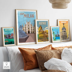 Milan Print Poster Wall Art displayed with other vintage travel posters in a stylish living room setting.