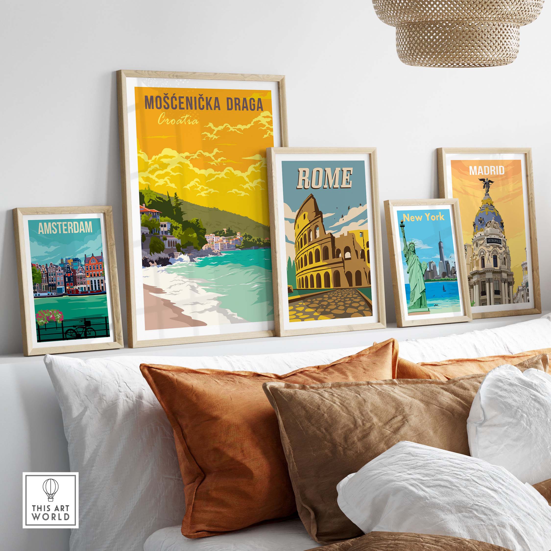 Mošćenička Draga Croatia poster print displayed among other vintage travel posters at home decor.