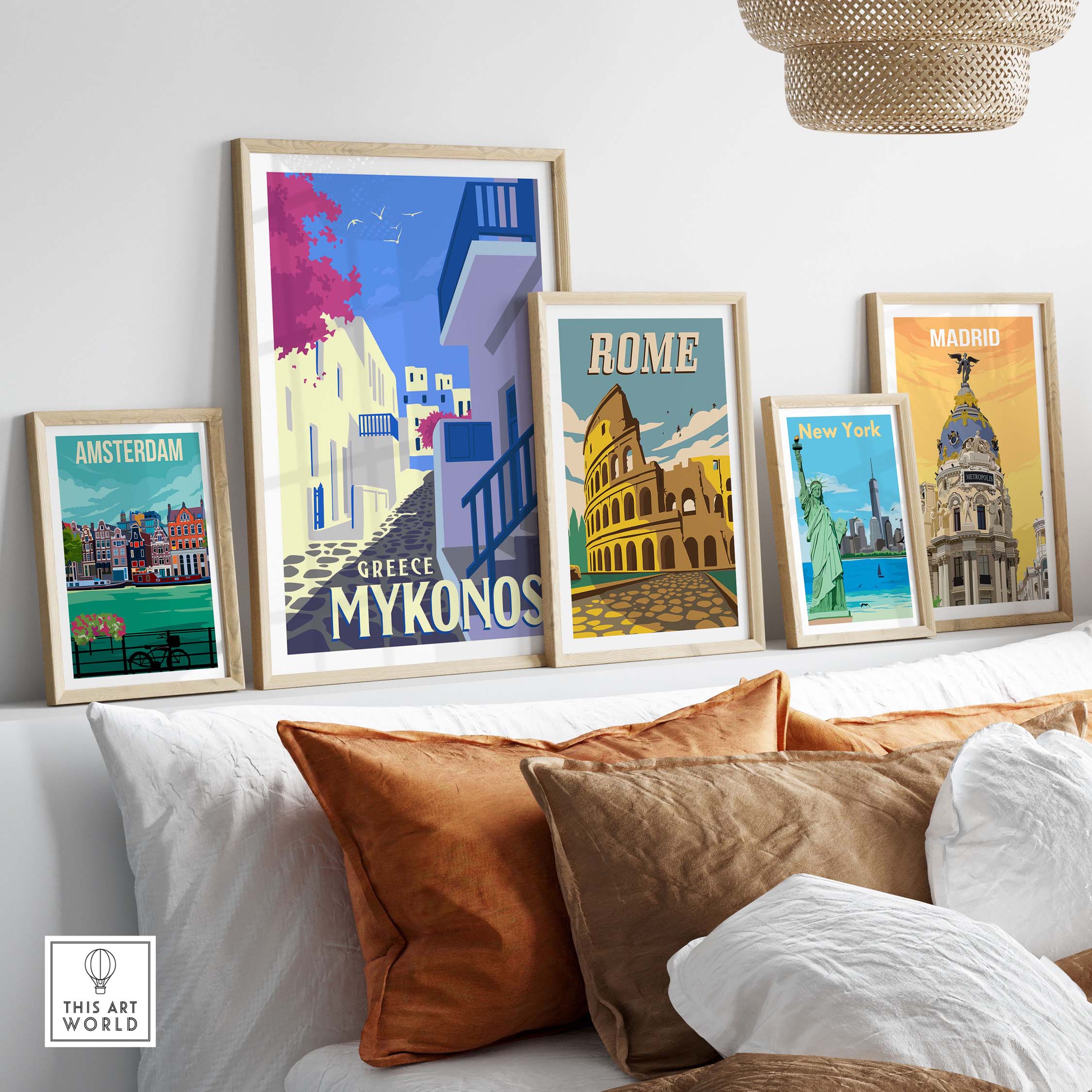 Collection of vintage travel posters including Mykonos, framed for stylish wall art decor.