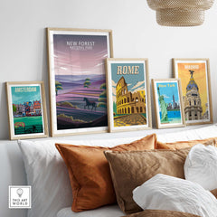 New Forest National Park poster among framed city prints, showcasing stylish travel-inspired wall art.