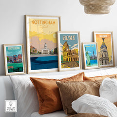 Nottingham Print England Poster and vintage travel prints displayed in a stylish home setting.