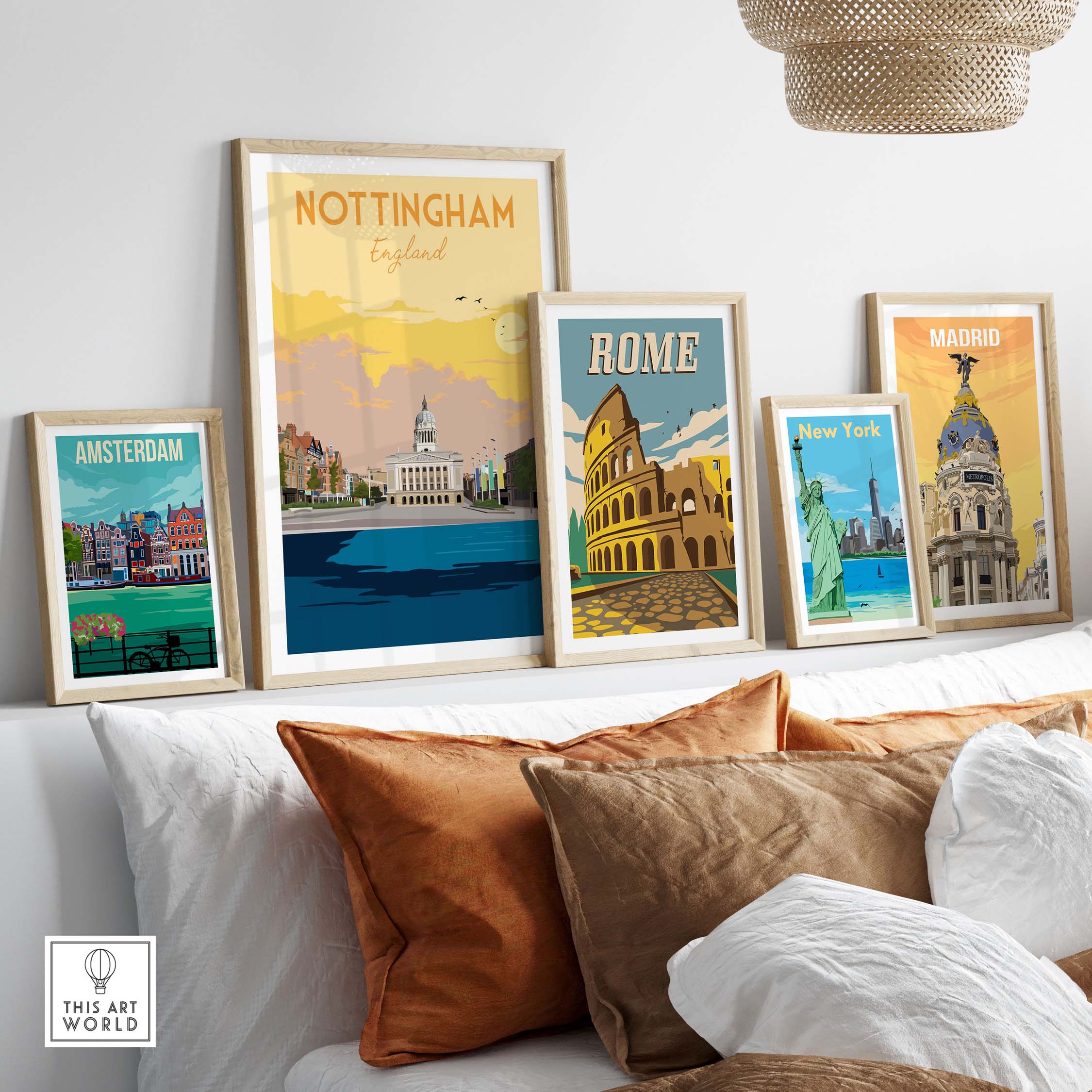 Nottingham Print England Poster and vintage travel prints displayed in a stylish home setting.