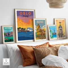 Framed travel poster prints featuring Oslo, Rome, Madrid, Amsterdam, and New York, showcasing vintage art styles.